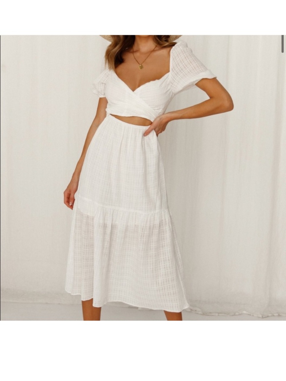 Hello Molly White Textured Cutout Midi Graduation Bridal Summer Dress Sz M NWOT